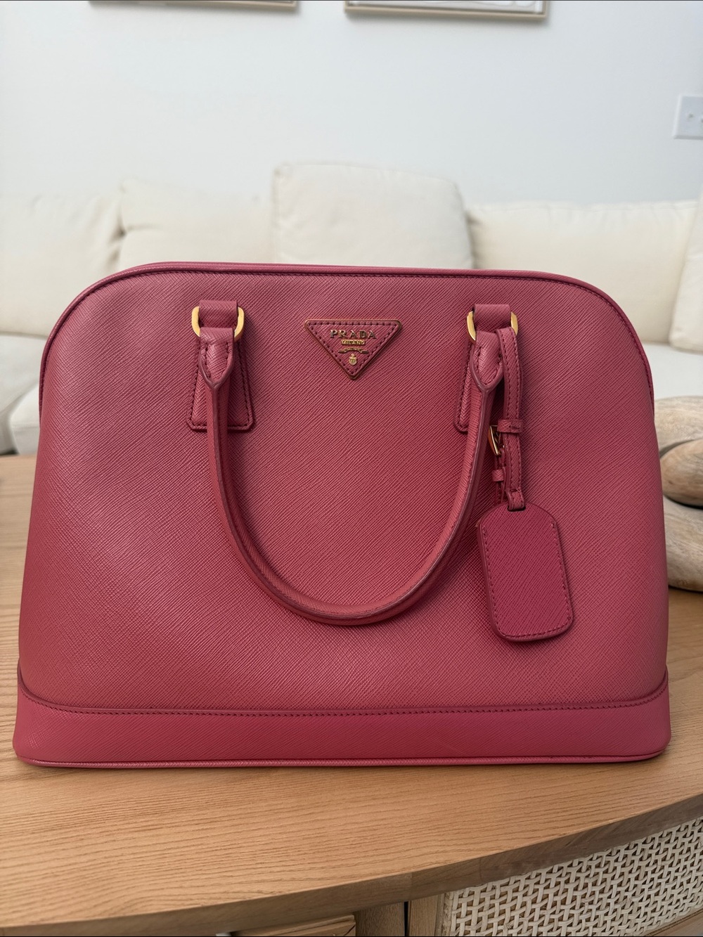 Prada Saffiano Dome Satchel in Rose Pink with Gold Hardware